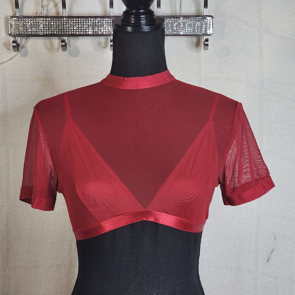 Avidlove Red Mesh Sheer High Neck SS Poly Span Crop Top with Built in Bra Size M